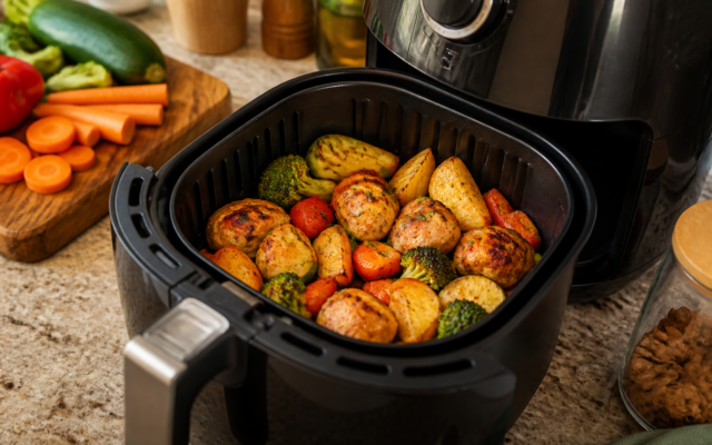 Air fryer aberta com legumes e proteínas prontos