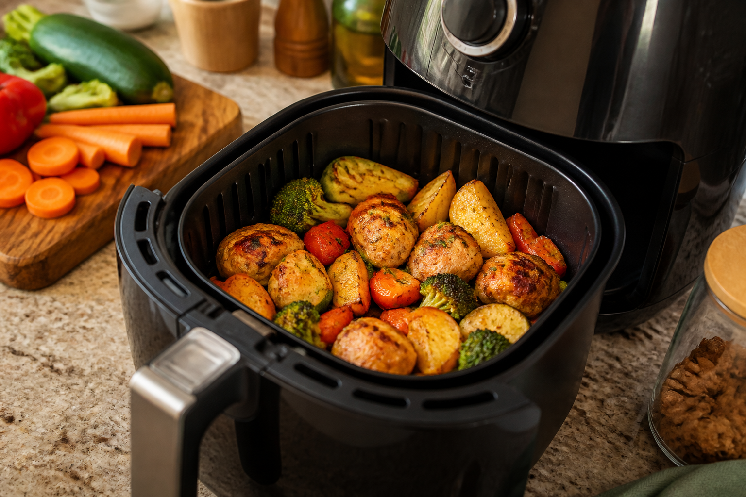 Air fryer aberta com legumes e proteínas prontos
