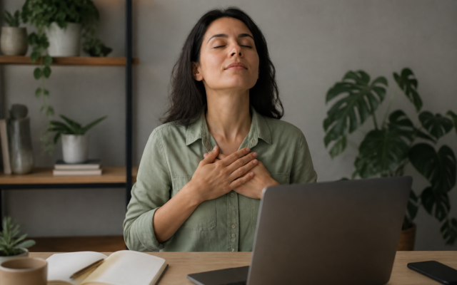 Pessoa respirando calmamente em ambiente de trabalho para aliviar ansiedade