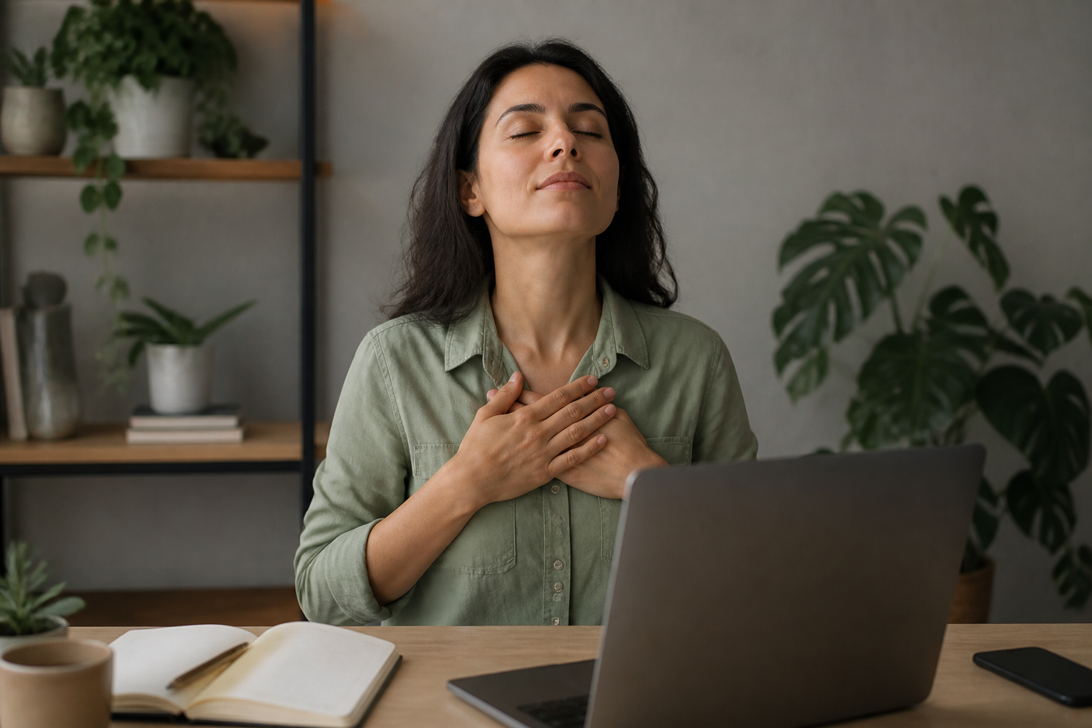 Pessoa respirando calmamente em ambiente de trabalho para aliviar ansiedade
