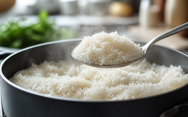 Panela com arroz soltinho e grãos separados sendo servido