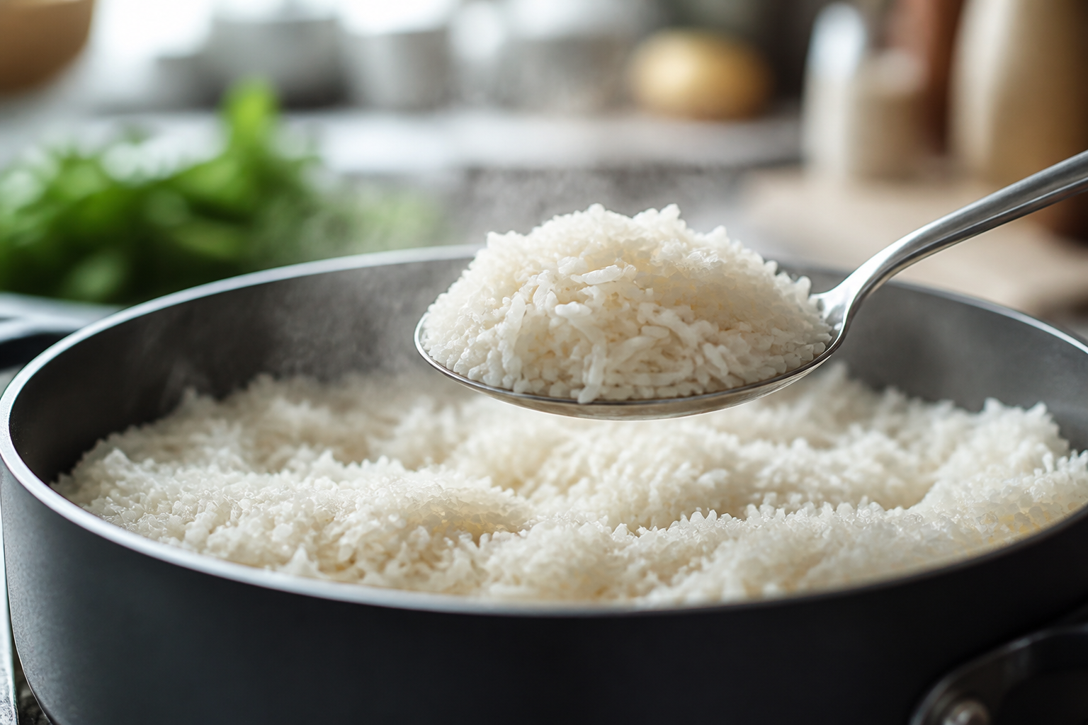 Panela com arroz soltinho e grãos separados sendo servido