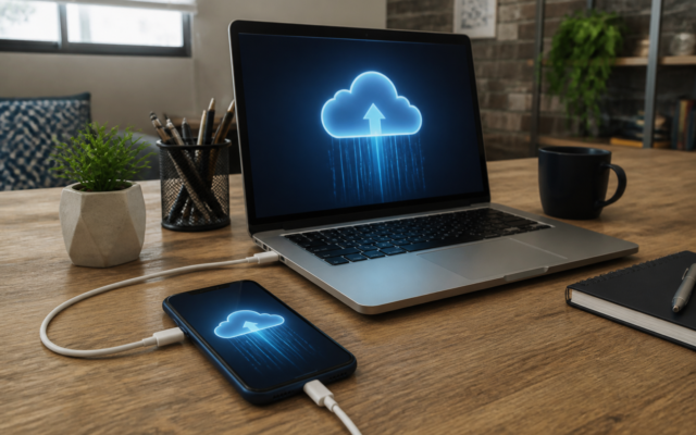 Celular conectado à nuvem representando backup de dados