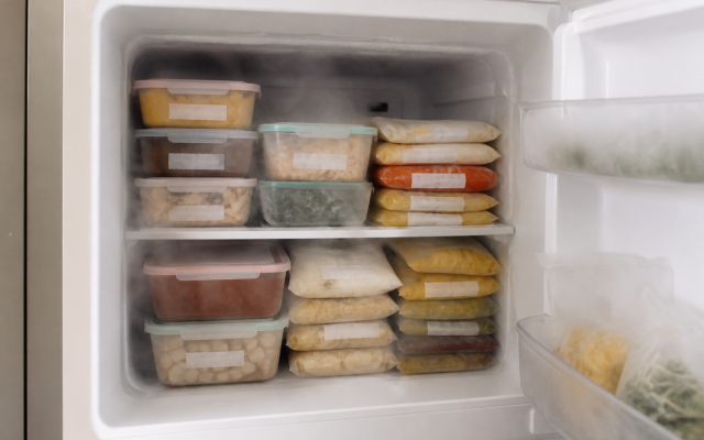Potes e sacos organizados dentro do freezer para congelar comida