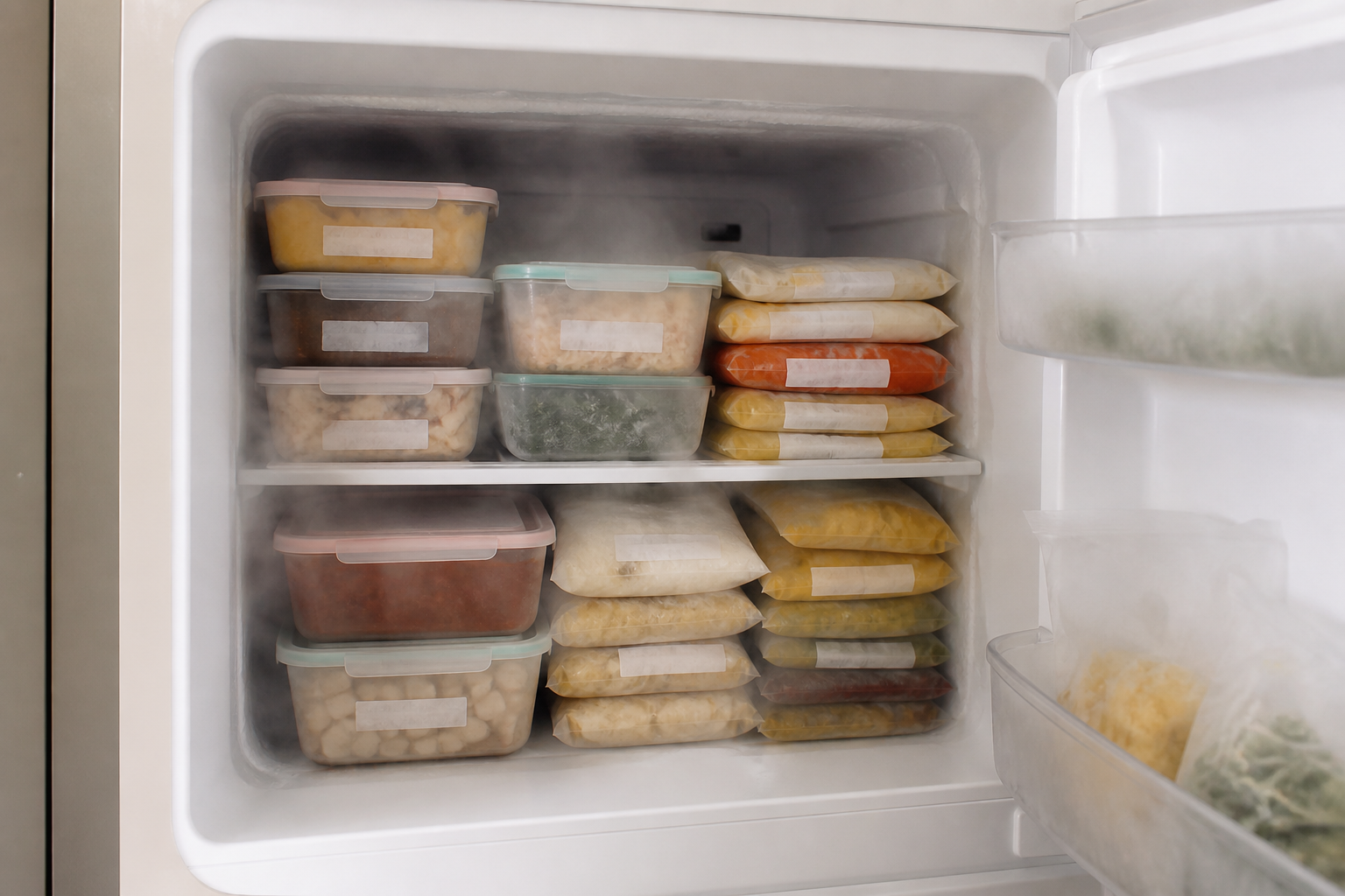 Potes e sacos organizados dentro do freezer para congelar comida