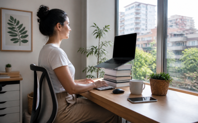 Mesa de home office simples com notebook elevado e postura correta