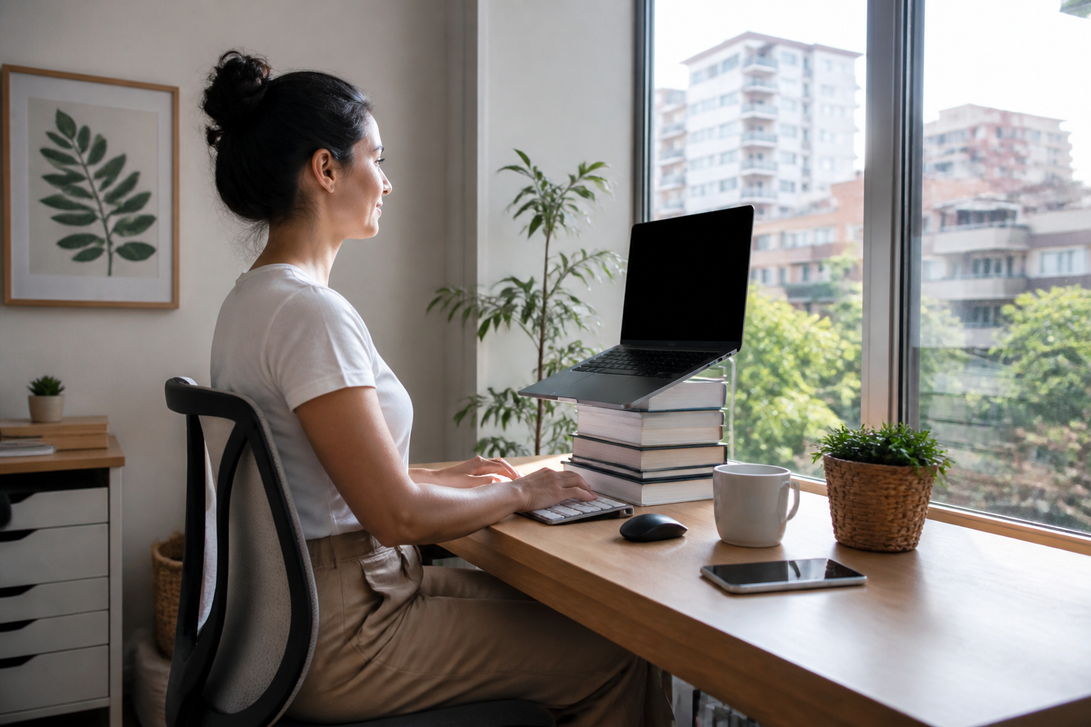 Mesa de home office simples com notebook elevado e postura correta