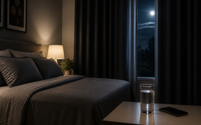Quarto escuro e organizado preparado para uma noite de sono melhor