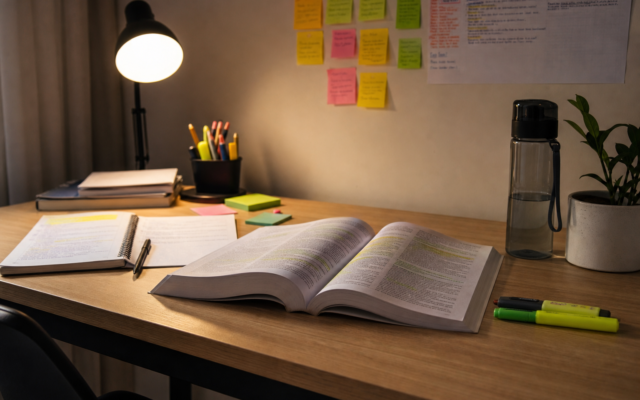 Mesa de estudos organizada com livros e garrafa de água