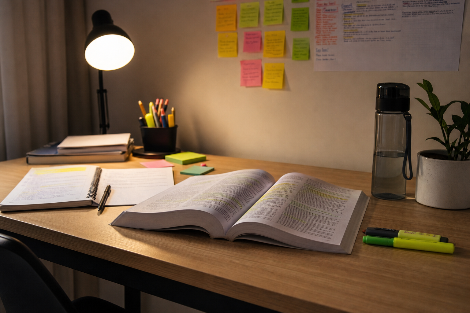 Mesa de estudos organizada com livros e garrafa de água