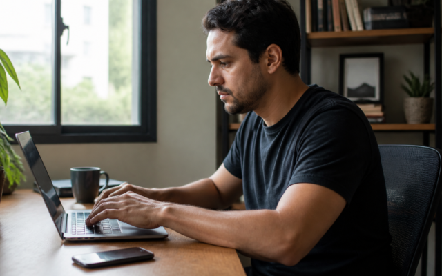 Pessoa trabalhando no notebook com celular virado para baixo sobre a mesa
