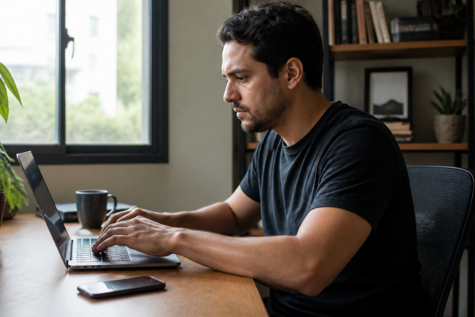 Pessoa trabalhando no notebook com celular virado para baixo sobre a mesa