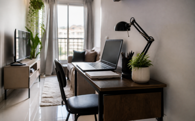 Cantinho de home office compacto em apartamento pequeno