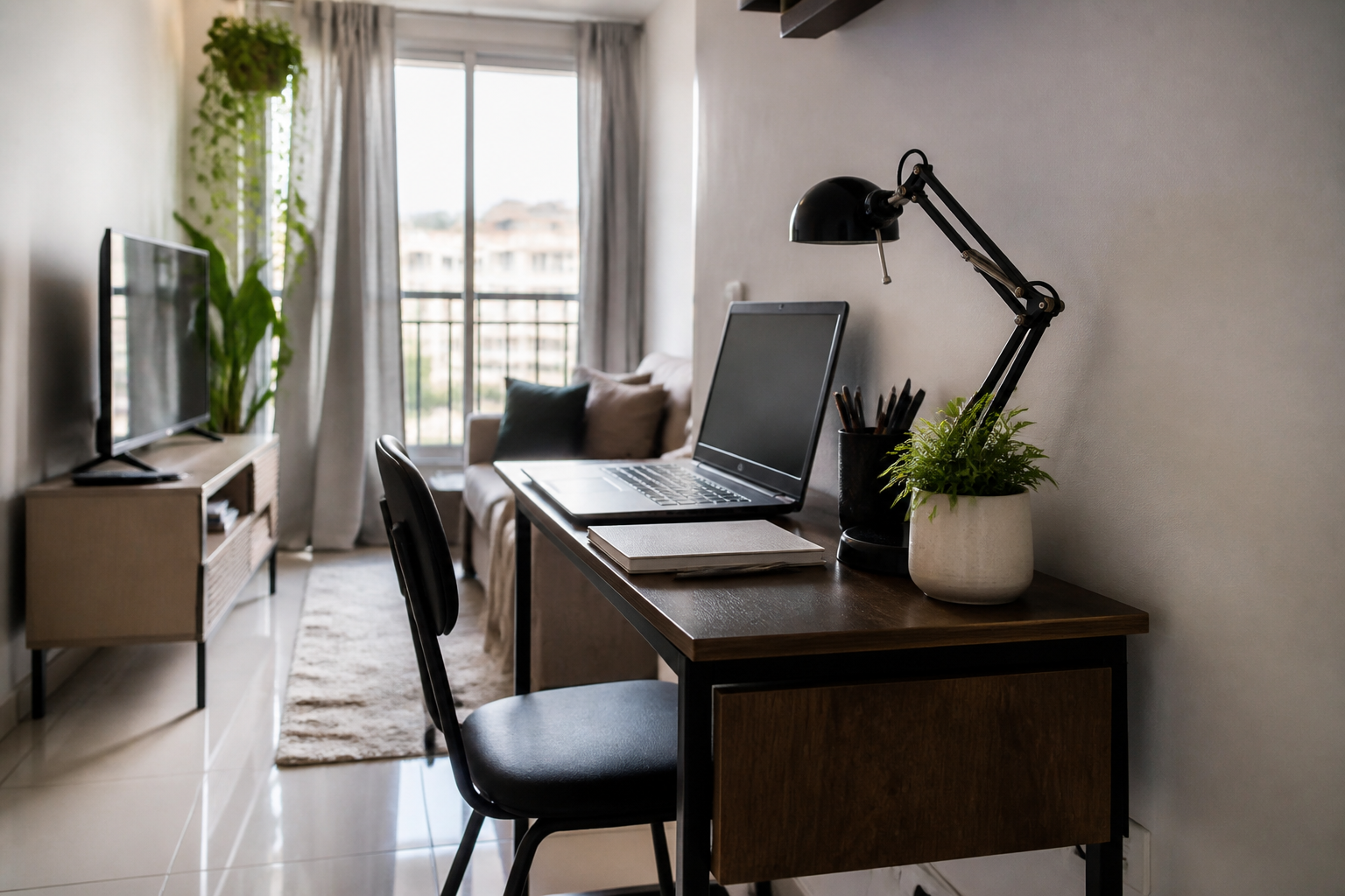 Cantinho de home office compacto em apartamento pequeno