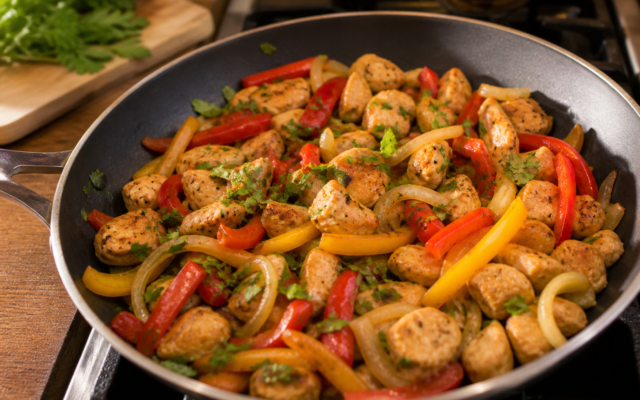 Frigideira com frango e legumes prontos para jantar rápido
