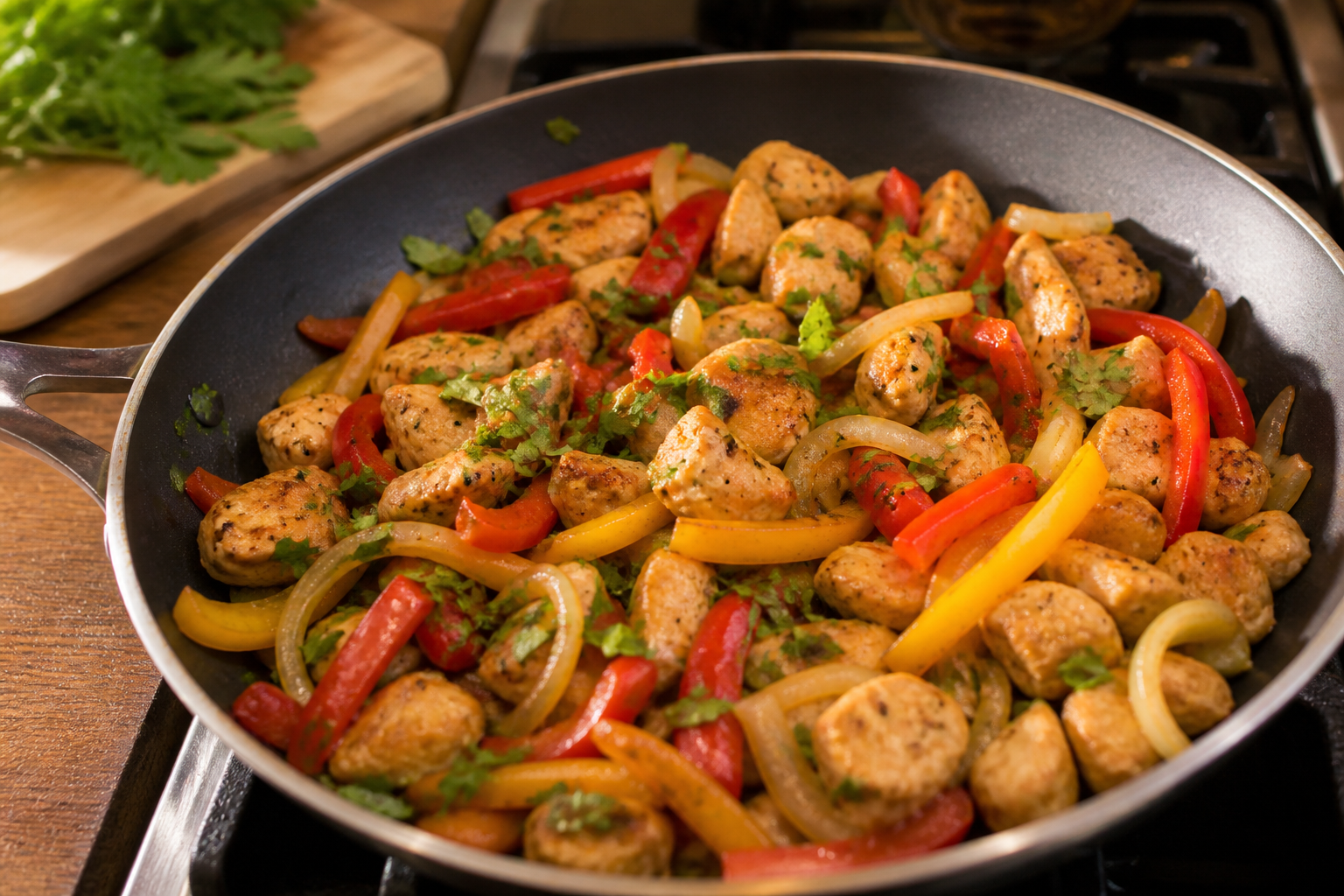 Frigideira com frango e legumes prontos para jantar rápido