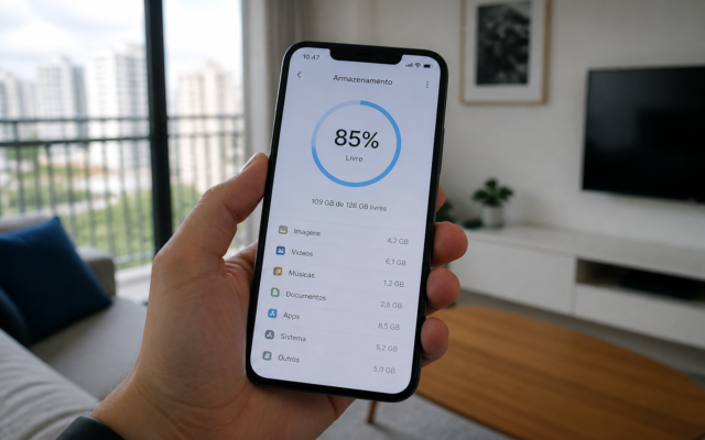 Tela de celular mostrando espaço de armazenamento sendo liberado