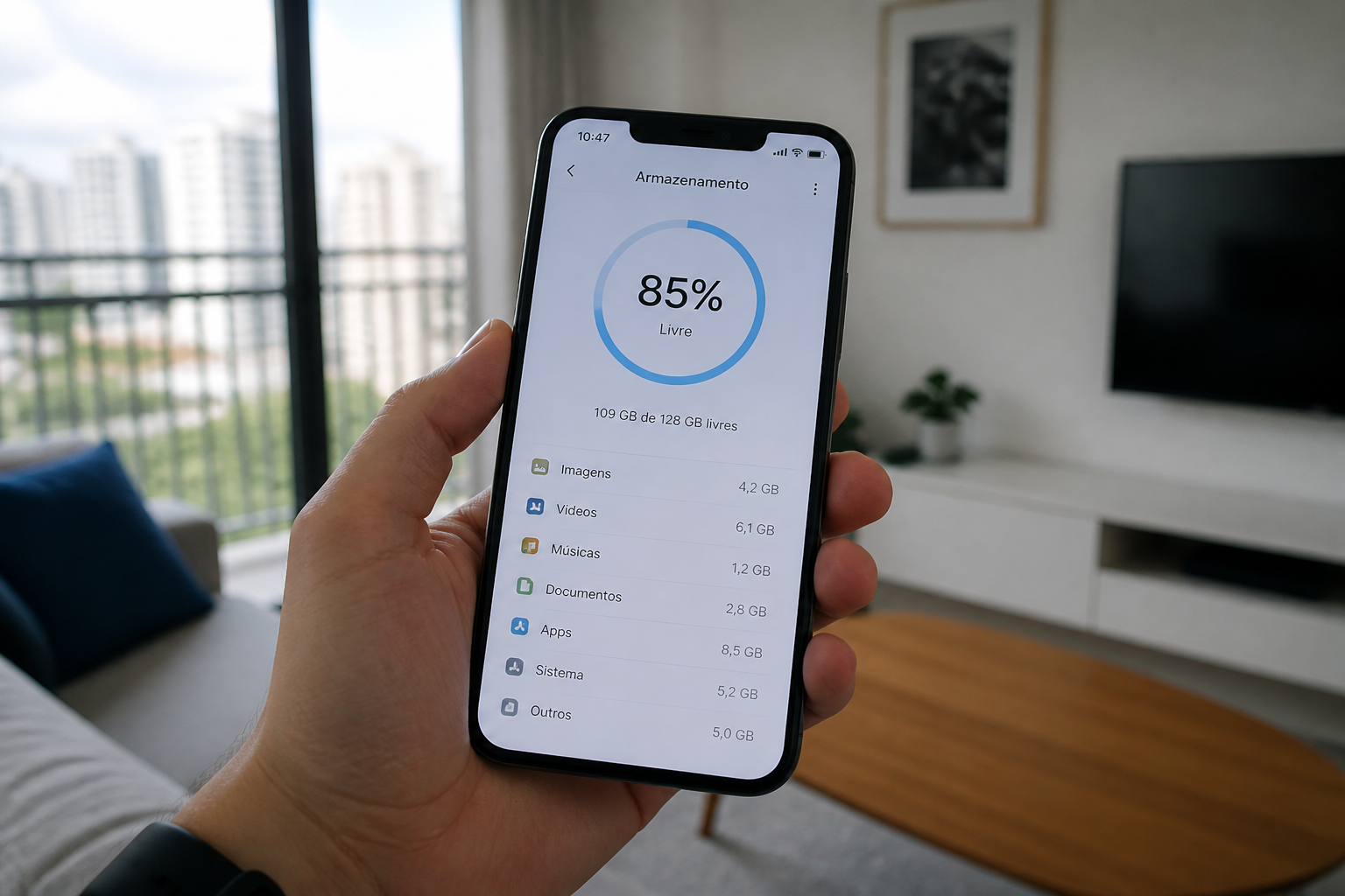 Tela de celular mostrando espaço de armazenamento sendo liberado