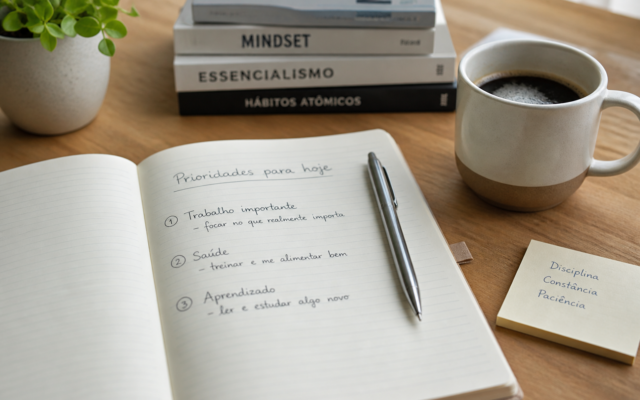 Caderno aberto com três prioridades do dia escritas à mão