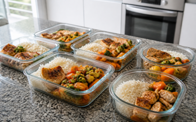 Marmita da semana montada em potes de vidro com arroz, proteína e legumes