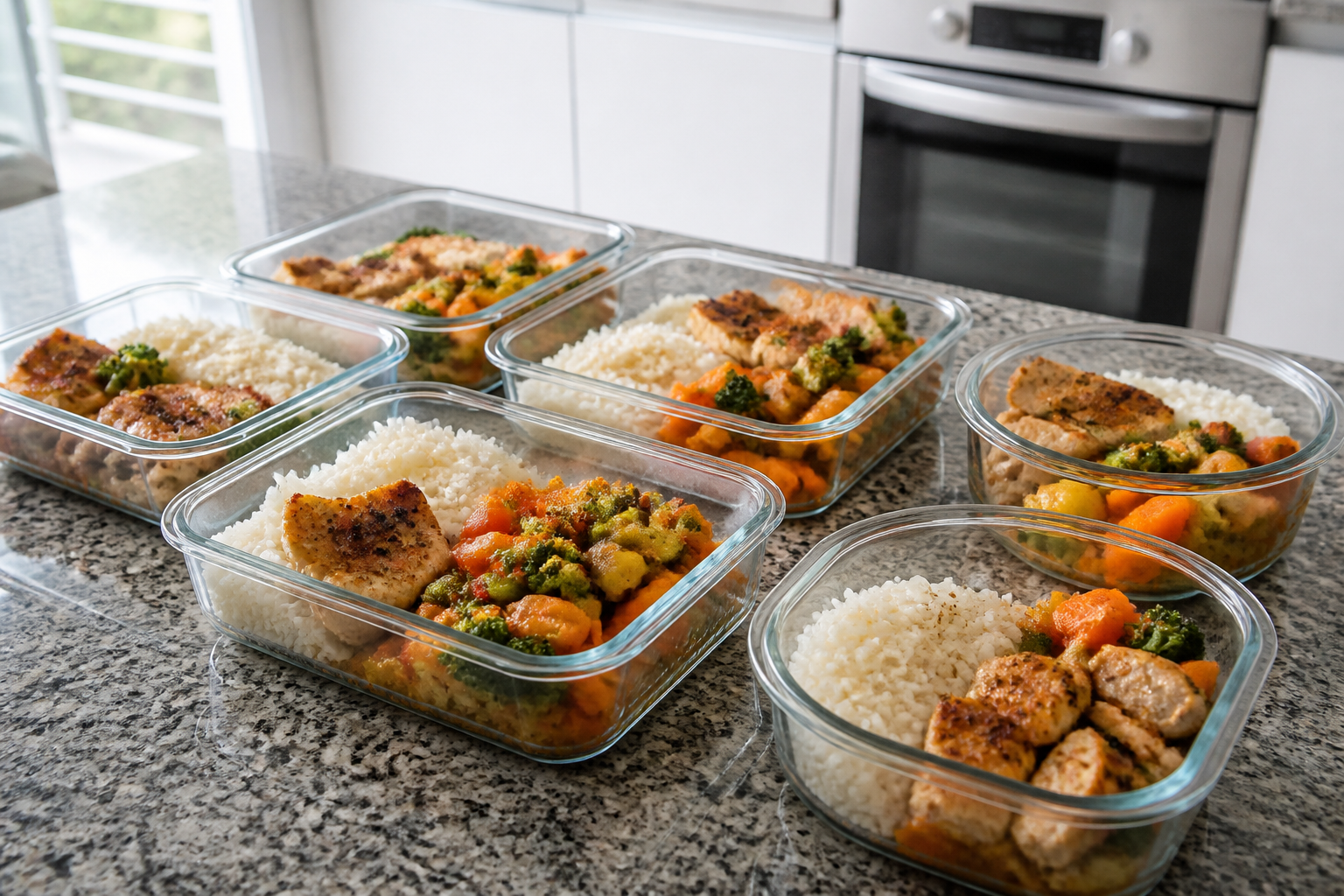 Marmita da semana montada em potes de vidro com arroz, proteína e legumes