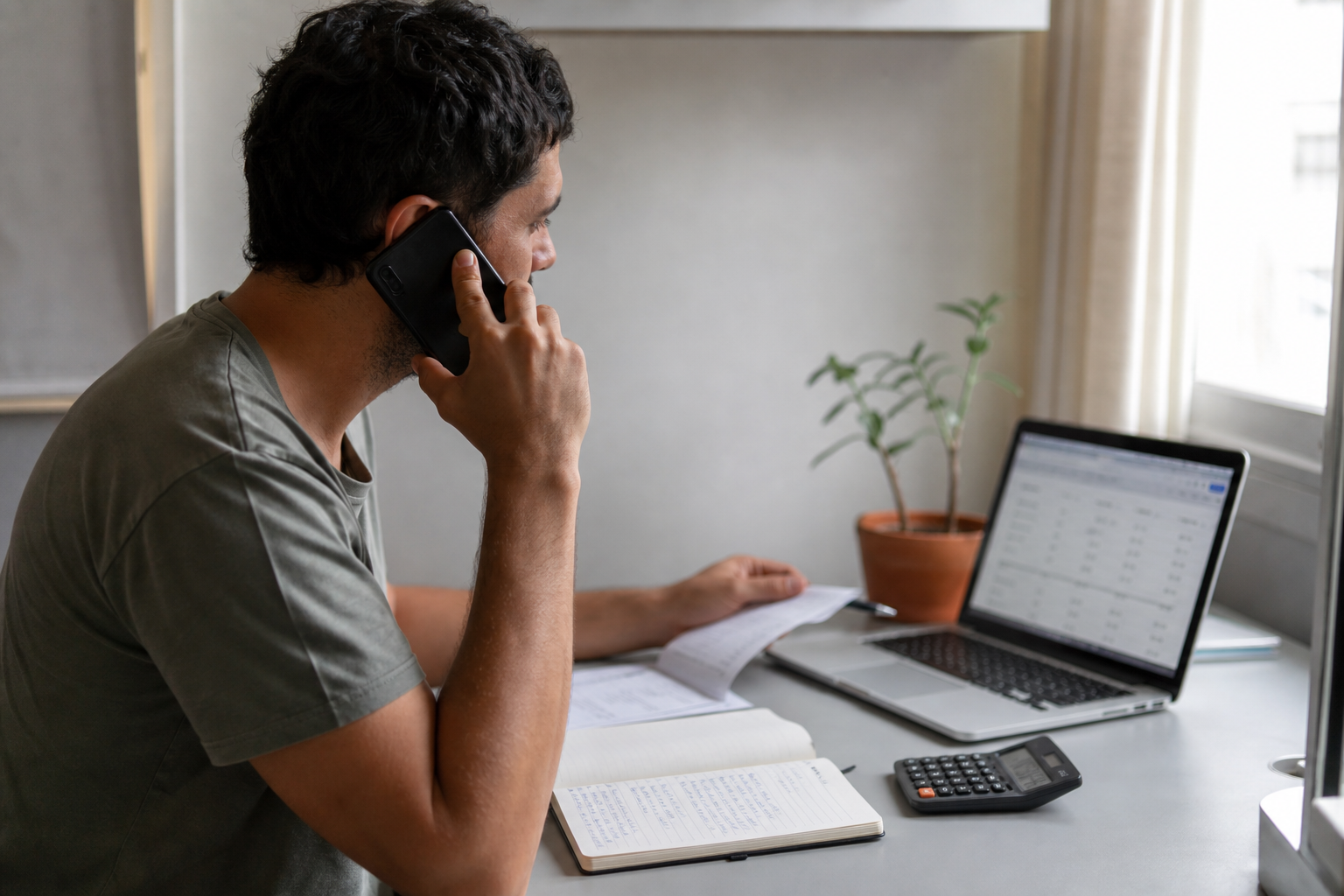 Pessoa ao telefone negociando dívidas com anotações sobre a mesa