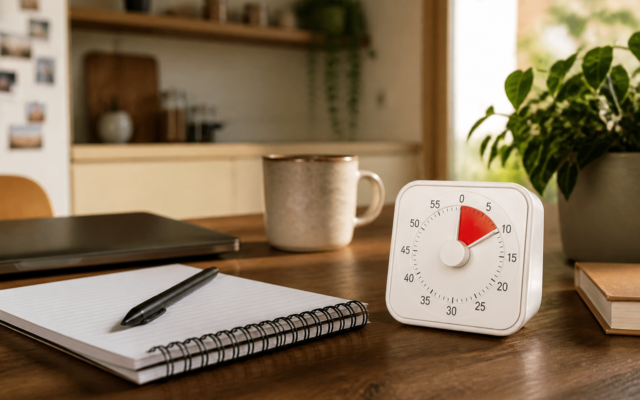 Timer de 10 minutos ao lado de caderno e caneta na mesa de trabalho