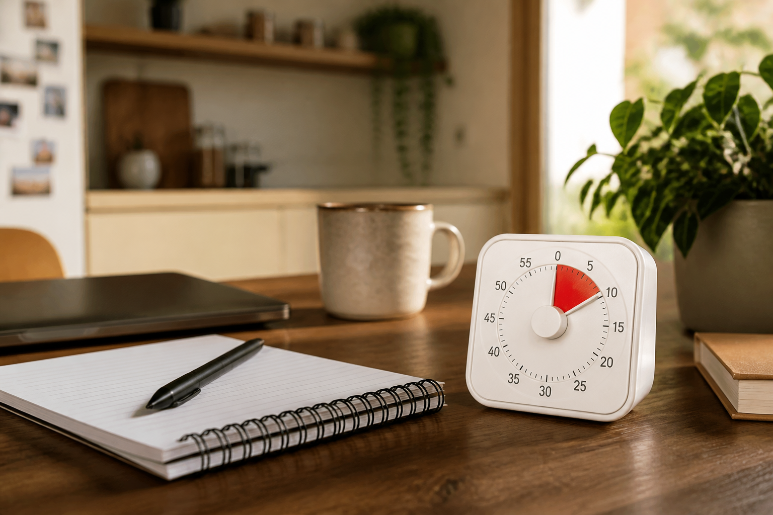 Timer de 10 minutos ao lado de caderno e caneta na mesa de trabalho