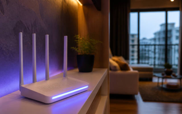 Roteador Wi-Fi doméstico com ícone de cadeado de segurança