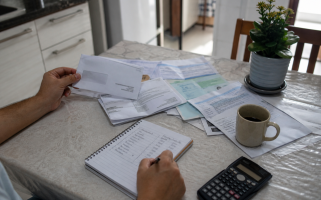 Pessoa organizando boletos e contas atrasadas para sair das dívidas