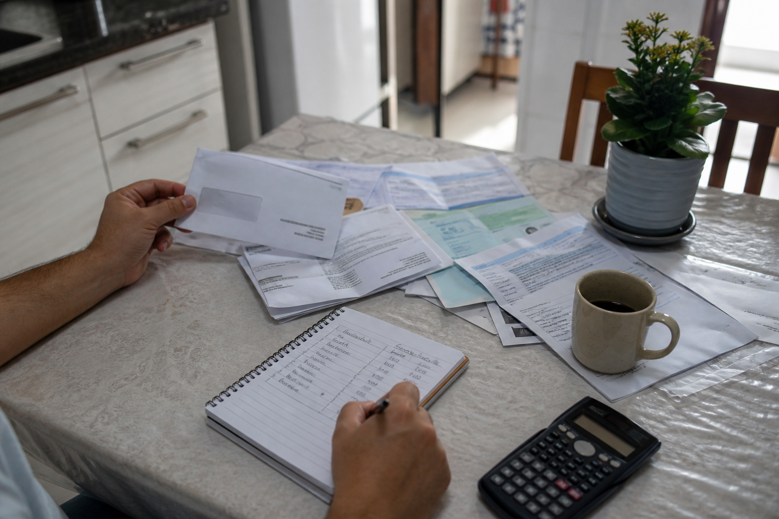 Pessoa organizando boletos e contas atrasadas para sair das dívidas