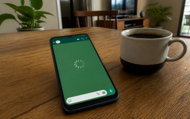 Celular com aplicativo do WhatsApp aberto e ícone de carregamento