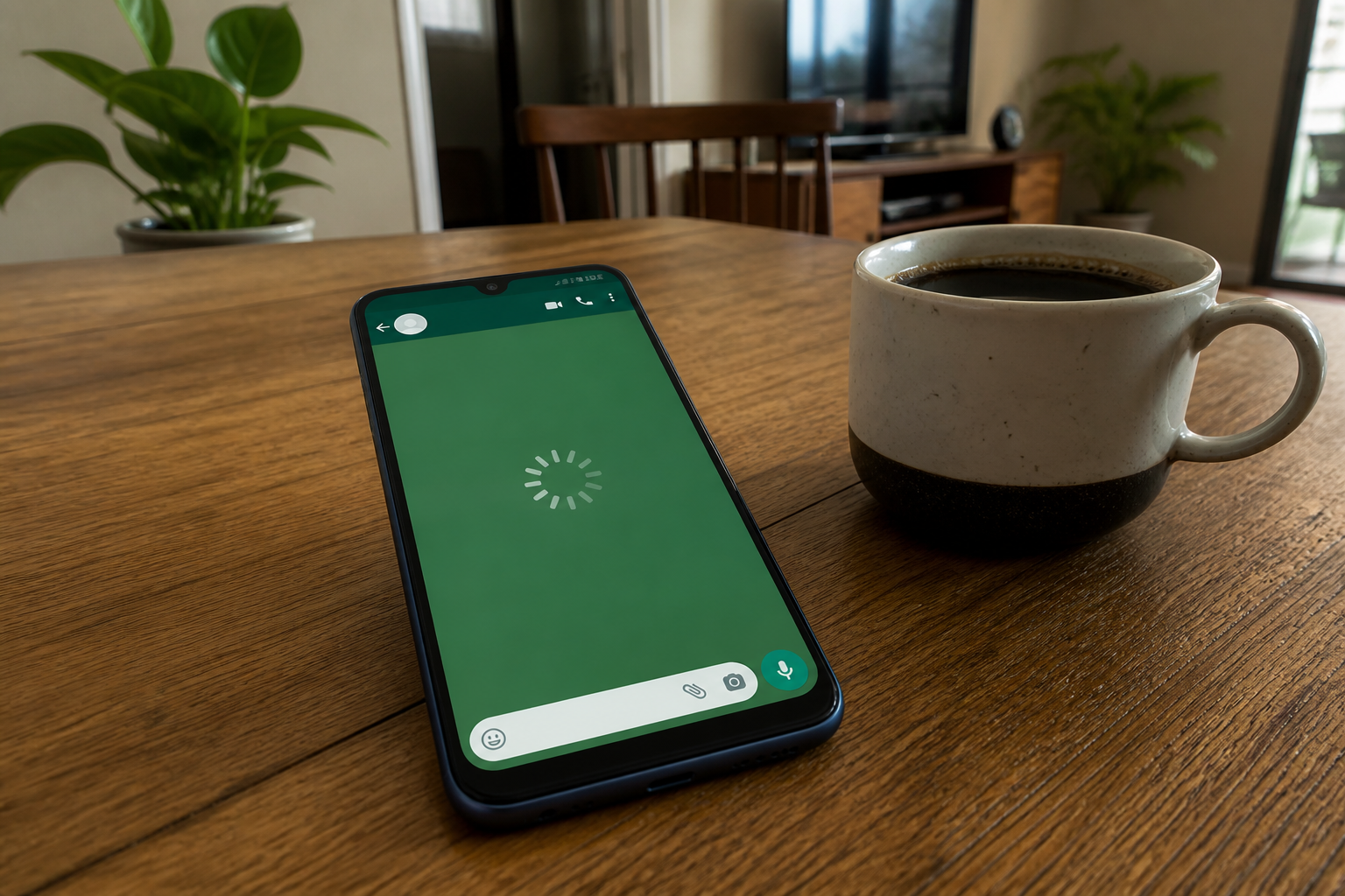 Celular com aplicativo do WhatsApp aberto e ícone de carregamento