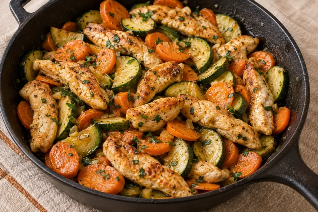 Imagem ilustrativa de frango com legumes na frigideira