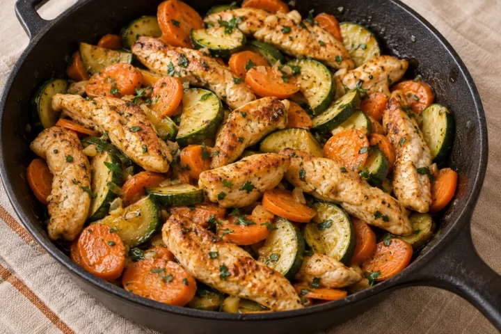Imagem ilustrativa de frango com legumes na frigideira