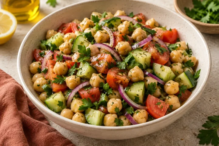 Imagem ilustrativa de salada de grão-de-bico com pepino